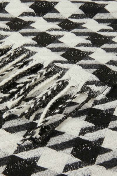 Écharpe à franges imprimé pied de poule noir femme