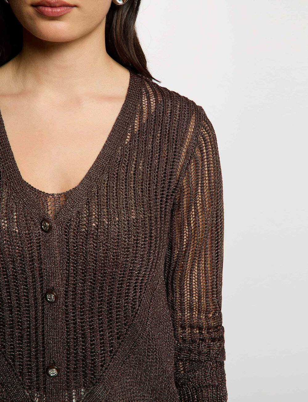Gilet manches longues ajour&eacute; marron fonc&eacute; femme