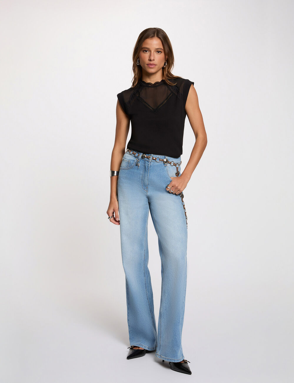 D&eacute;bardeur dentelle col montant noir femme