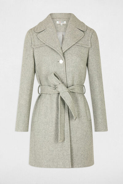 Manteau cintré ceinturé gris clair femme