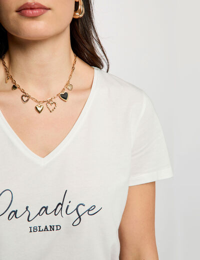 T-shirt col v manches courtes blanc femme