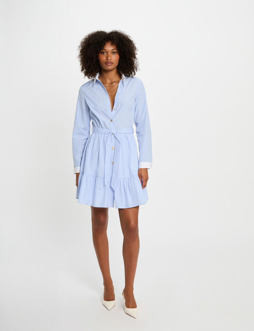 Robe courte trap&egrave;ze ray&eacute;e bleu ciel femme