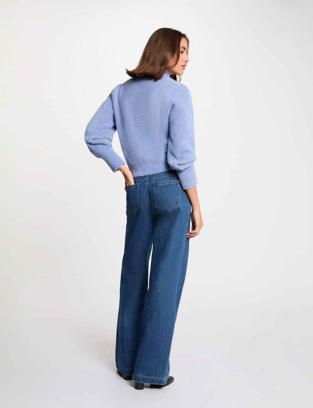 Gilet manches longues col &agrave; revers bleu femme