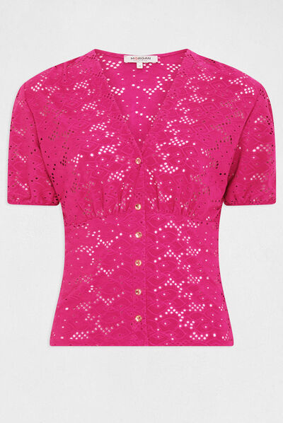 T-shirt manches courtes à broderie framboise femme