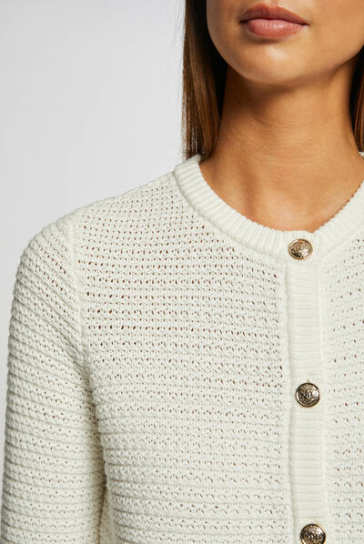 Gilet court boutonné col rond ecru femme