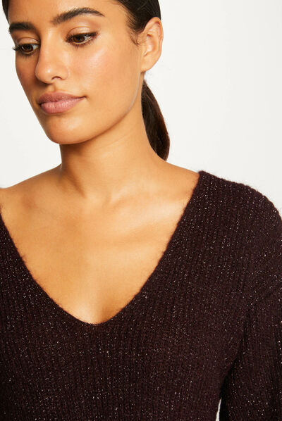 Pull manches longues à col en V prune femme