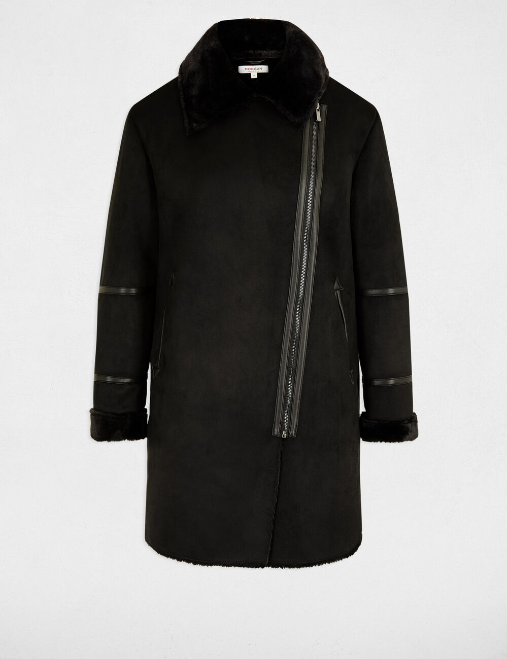 Manteau long su&eacute;dine noir femme