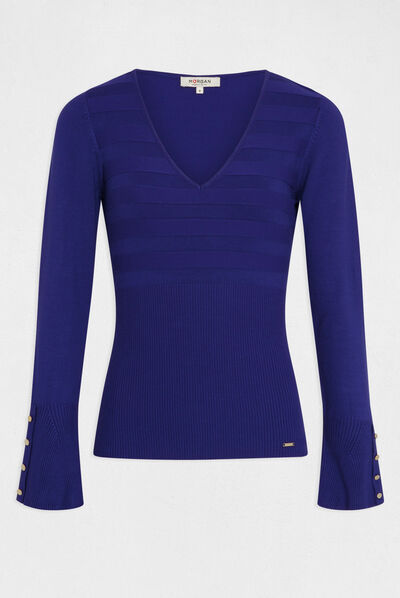 Pull manches longues avec col en V bleu moyen femme