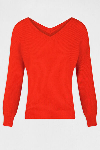 Pull manches longues à col en V orange femme