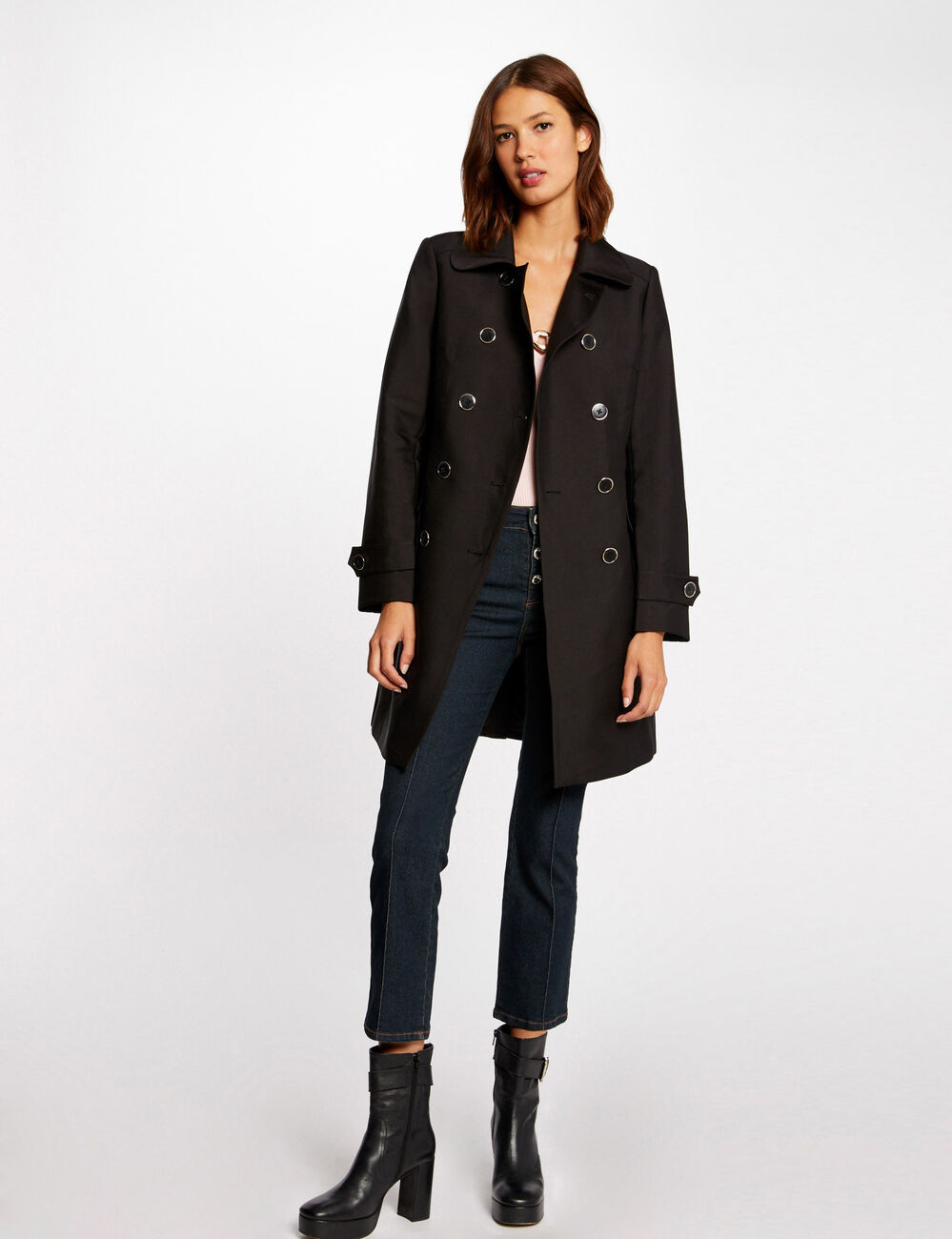 Trench droit boutonné et ceinturé noir femme