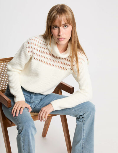 Pull col roulé manches longues ecru femme