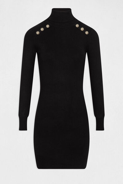 Robe pull ajustée col roulé et boutons noir femme