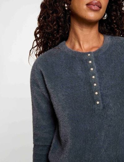 Pull col rond &agrave; boutons denim gris fonce femme