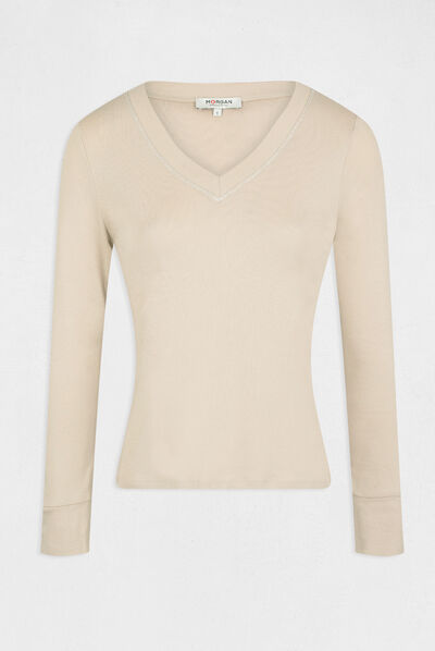 T-shirt manches longues avec col en V mastic femme