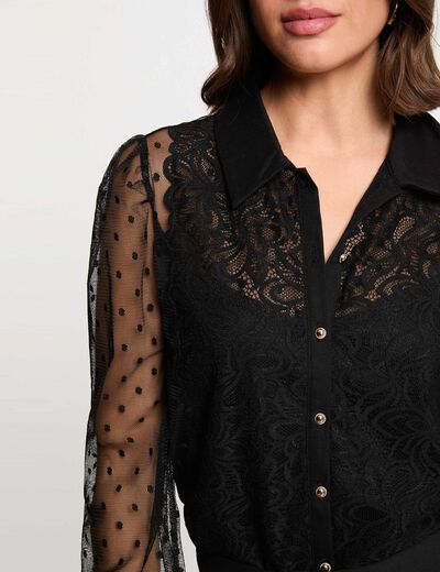 Blouse En Dentelle Noire Pour Femme - Top T-shirt Manches Courtes - 46% Viscose, 48% Nylon, 6% Élasthanne - Neuve Sans étiquettes
