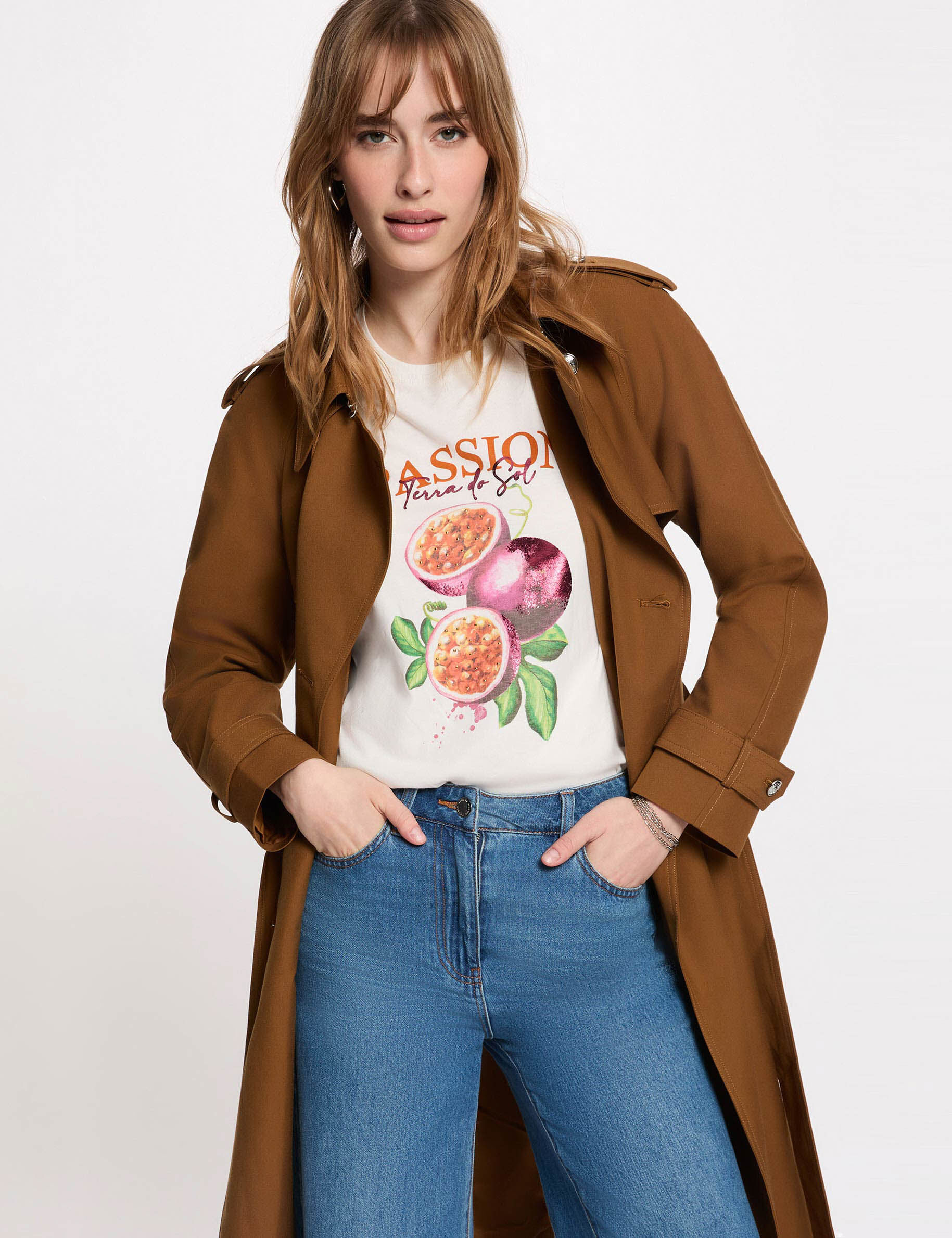 Trench long ceinturé camel femme