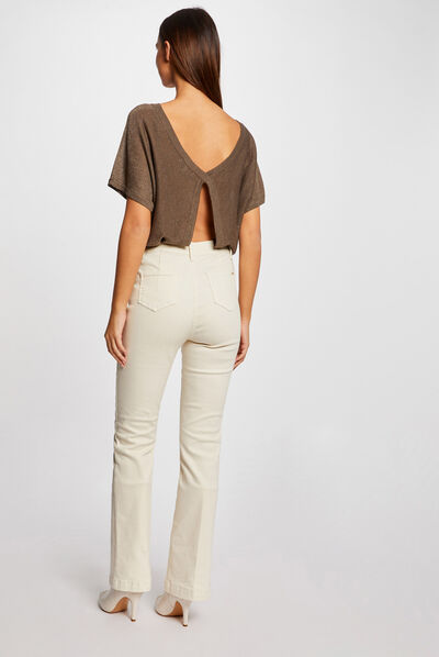 Pull manches courtes à détail bijou vert kaki femme