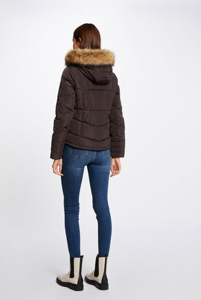 Doudoune droite à capuche marron femme