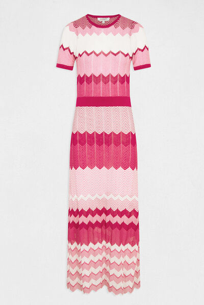 Robe pull longue droite imprimé chevron rose fonce femme