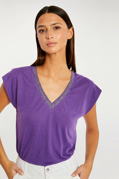 T-shirt manches courtes à col en V violet fonce femme
