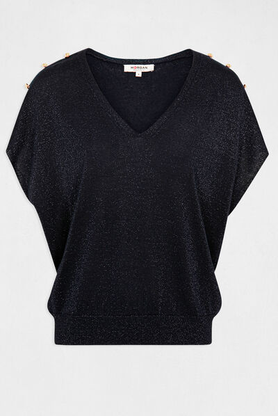 Pull manches courtes à col en V marine femme