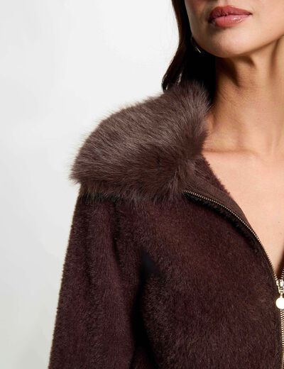 Veste avec col en fourrure marron fonc&eacute; femme