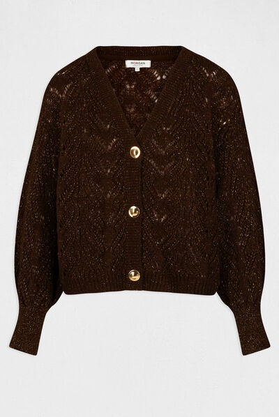 Gilet manches longues à détails ajourés marron femme