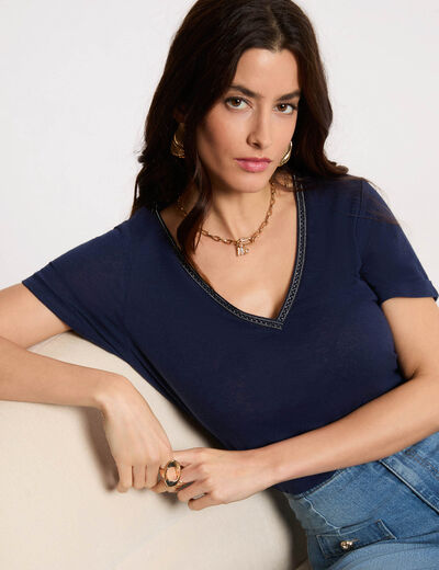T-shirt col v perl&eacute; bleu marine femme