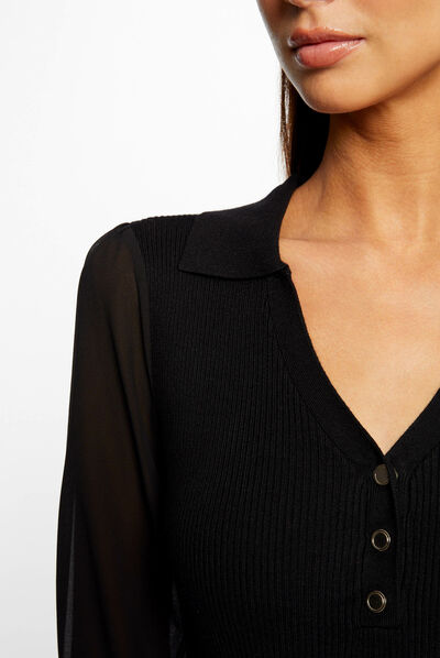 Pull manches longues semi-transparentes noir femme