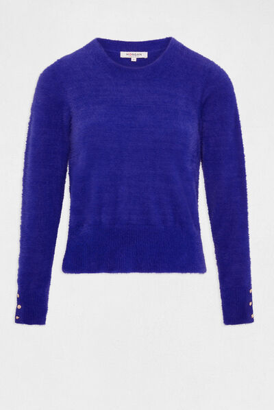 Pull manches longues col rond bleu moyen femme