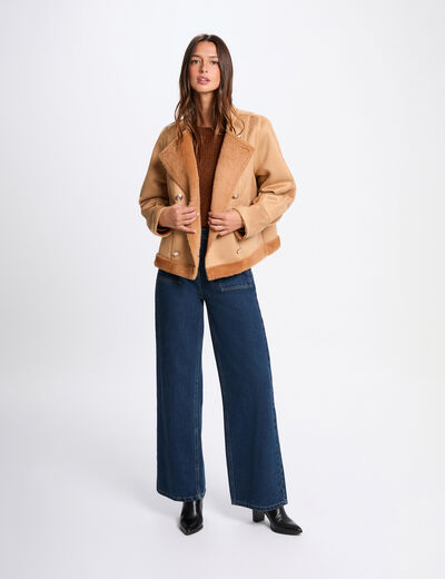 Veste courte peau lain&eacute;e marron cognac femme