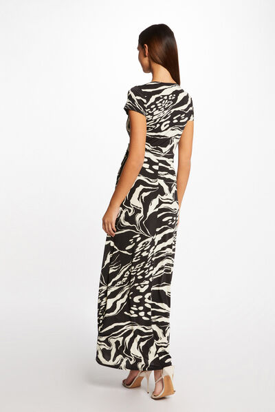 Robe longue droite imprimé abstrait noir femme