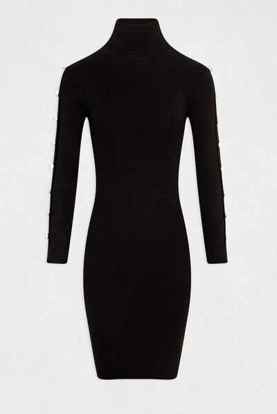 Robe pull ajustée col roulé et boutons noir femme
