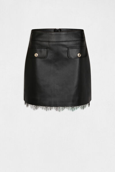 Jupe droite simili cuir détail dentelle noir femme