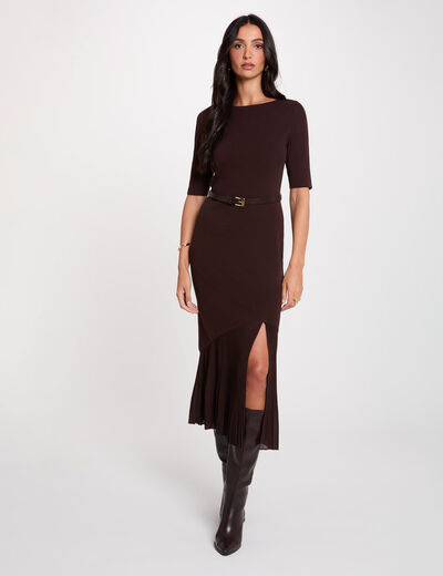Robe tricot ceintur&eacute;e marron fonc&eacute; femme
