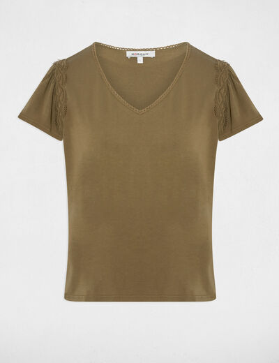 T-shirt col v volants vert kaki femme