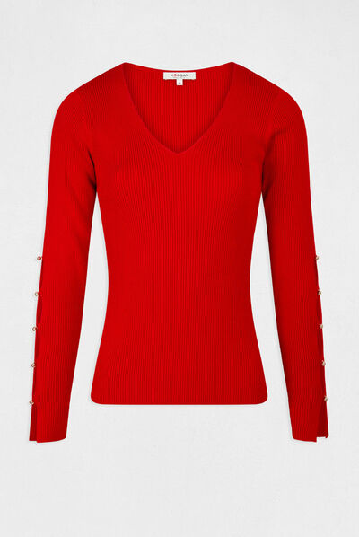 Pull manches longues fendues à boutons rouge femme