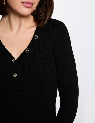 Pull col v fantaisie noir femme
