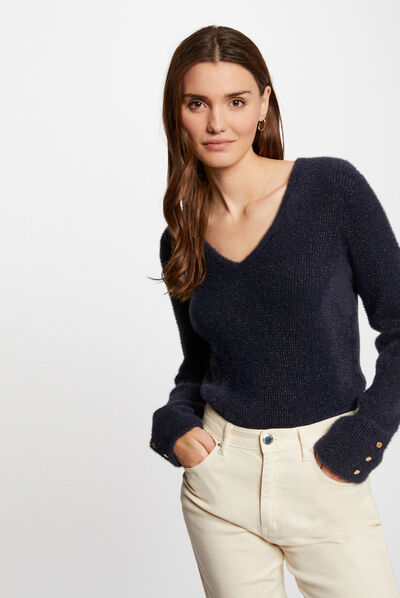 Pull manches longues avec col en V marine femme