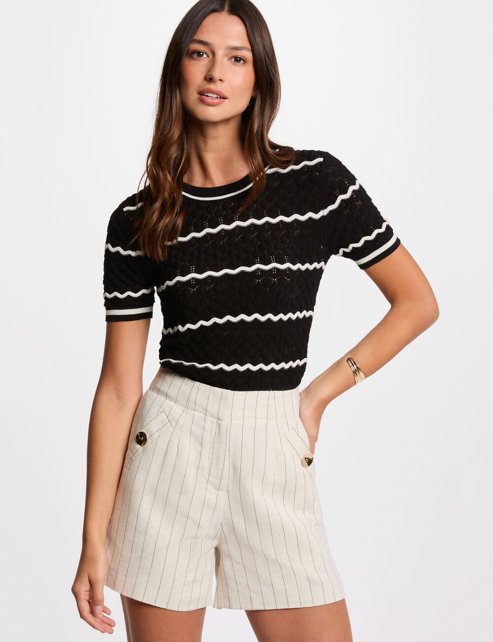 Short taille haute rayé beige femme