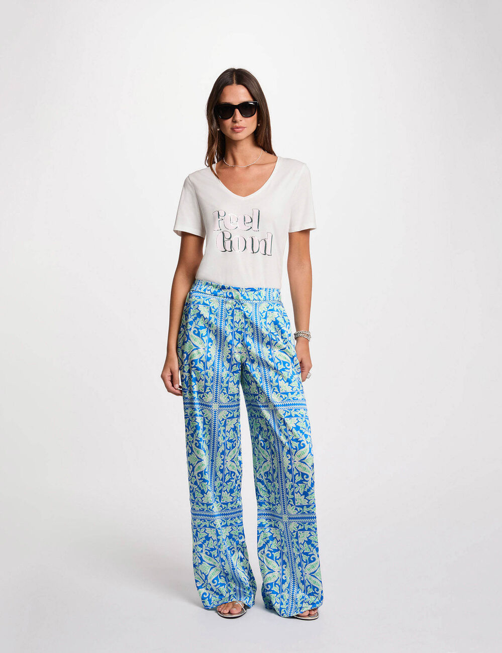 Pantalon large imprim&eacute; multicolore femme