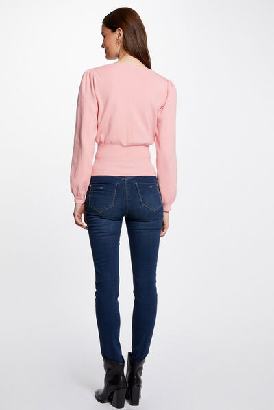 Pull manches longues avec col en V rose moyen femme