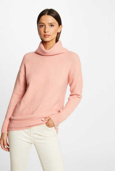 Pull manches longues col roulé corail femme