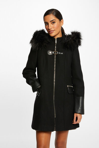 Manteau droit zippé à capuche noir femme