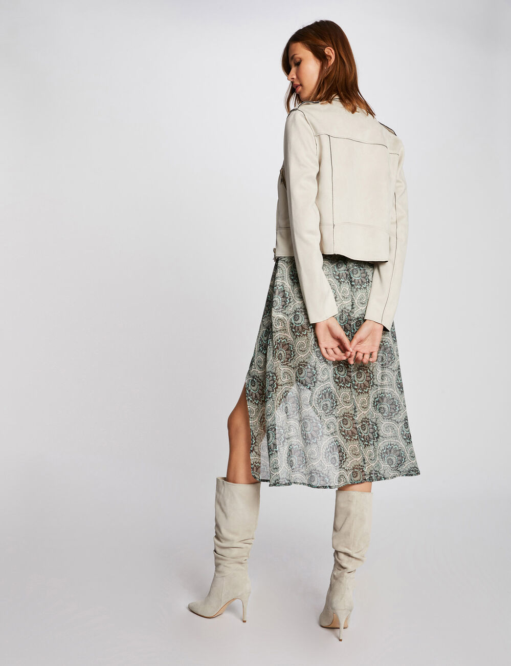 Blouson droit effet suédine ivoire femme