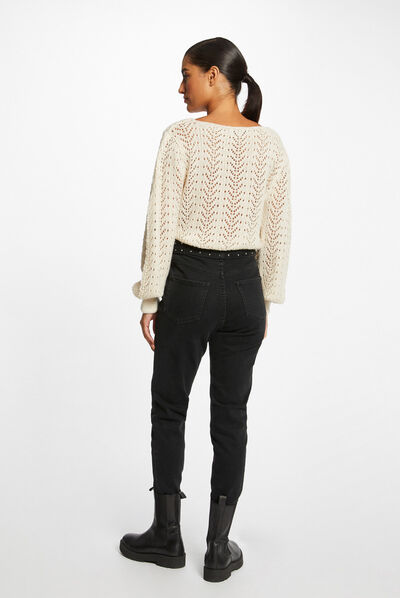 Pull manches longues à détails ajourés ivoire femme