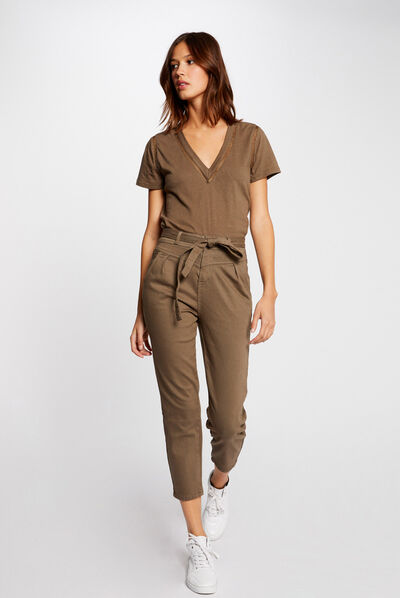 Jeans slim taille haute ceinturé 7/8ème vert kaki femme