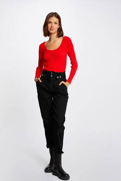 Pull manches longues à col en U rouge femme