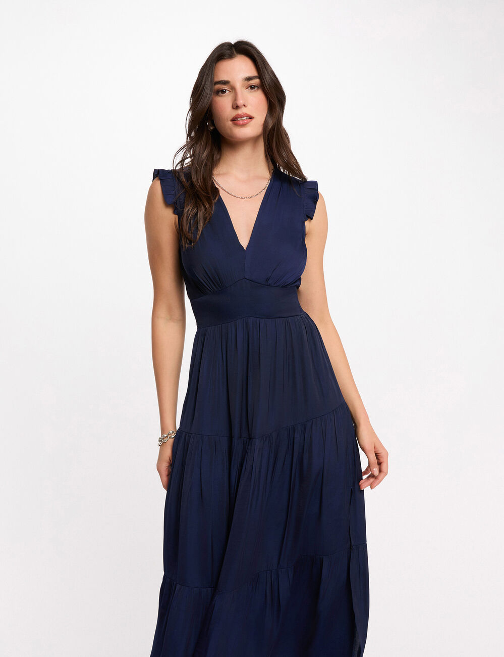 Robe longue col v bleu marine femme