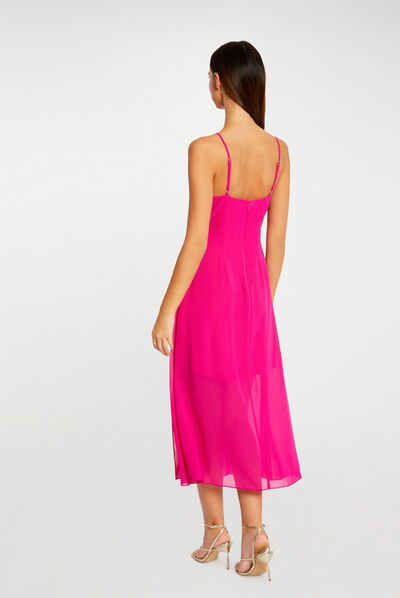 Robe midi évasée bretelles chaînes rose fonce femme